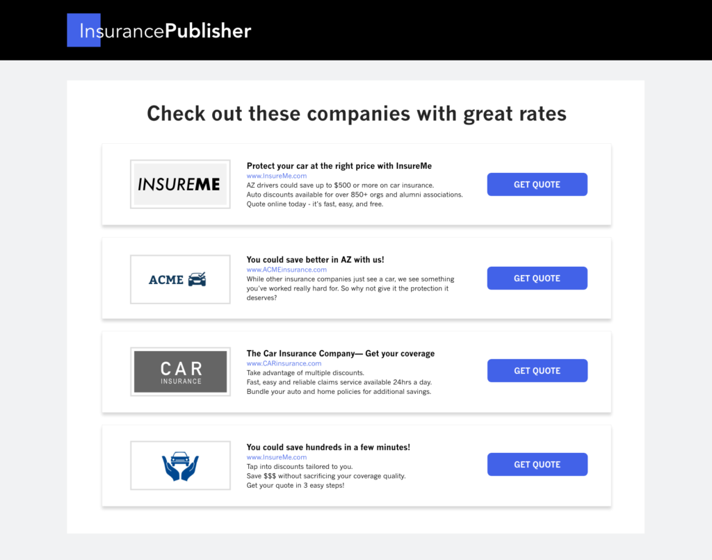An example of insurance click listings on an insurance publisher's website.