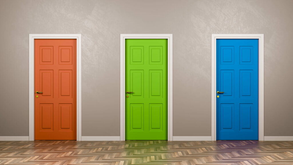 Three doors, representing insurance advertisers' options of using clicks, leads, and calls.