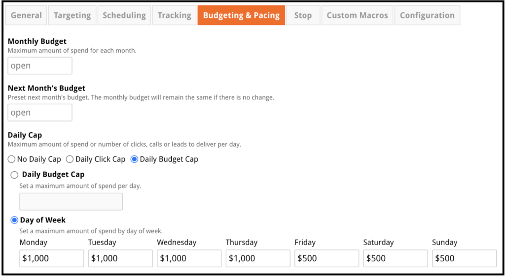 A daily budget cap on the budgeting and pacing page of the MediaAlpha platform.