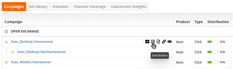 The Distribution page can be found by clicking the second icon from the left when you hover over a campaign.