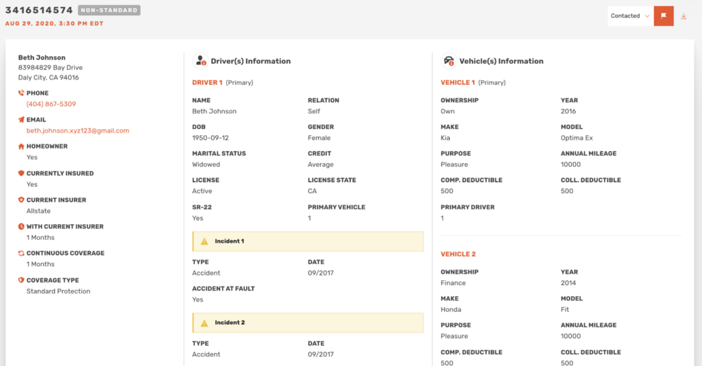 Agents can see the consumer's name, contact information, vehicle, driving history, and demographic information on the lead details page.