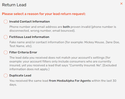 Criteria for returning leads on the MediaAlpha platform.