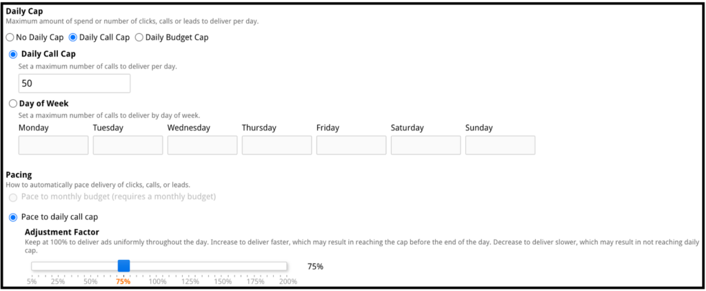 The pace to daily cap setting on the MediaAlpha platform.