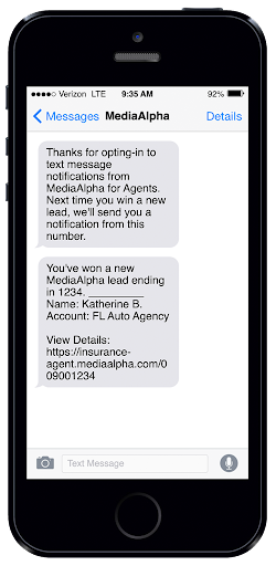 Agents can receive text messages to let them know they're won a new lead.