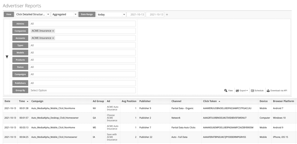 A click detailed structured report on the MediaAlpha platform.